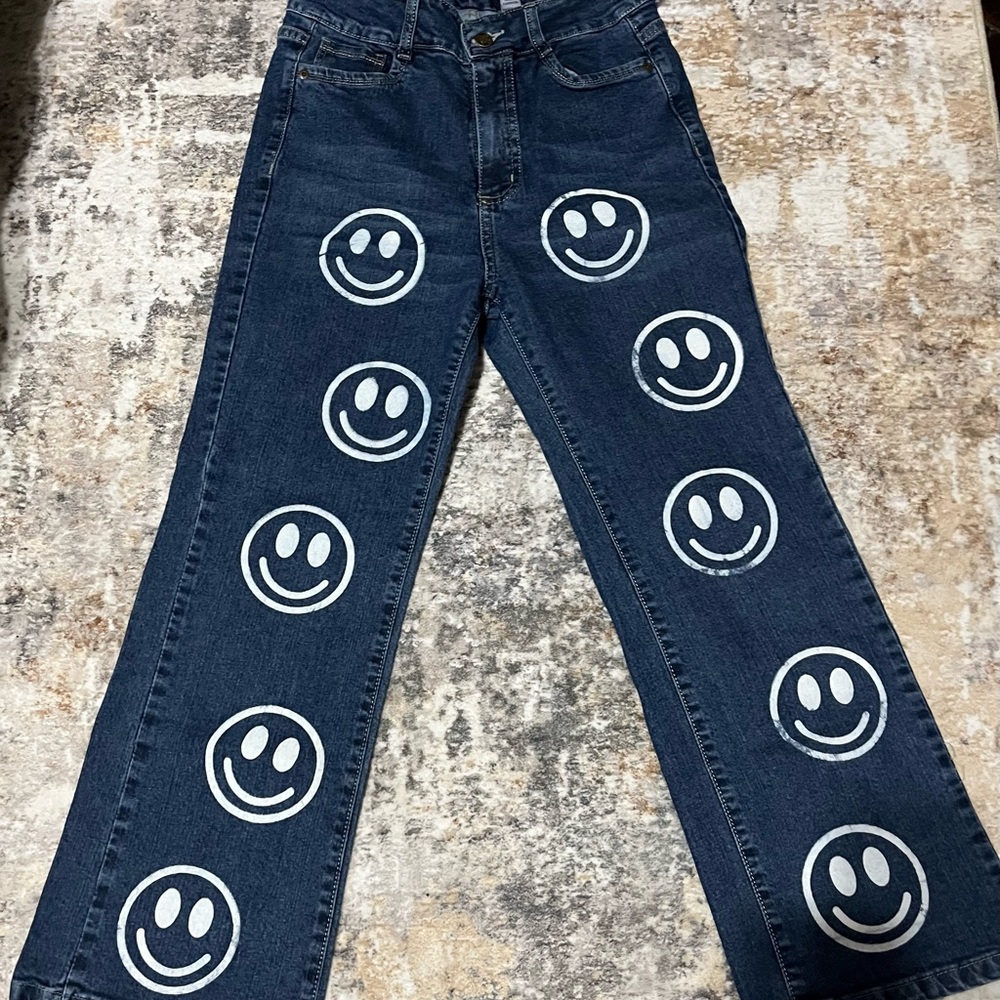 Women's Blue Jeans with Smiley Face Design